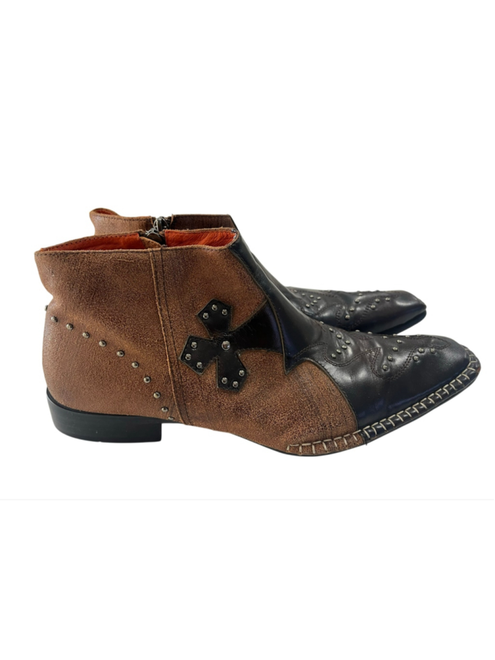Robert Wayne Vintage Leather Studded Cross Ankle Boots Two Tone Brown 8 Men's